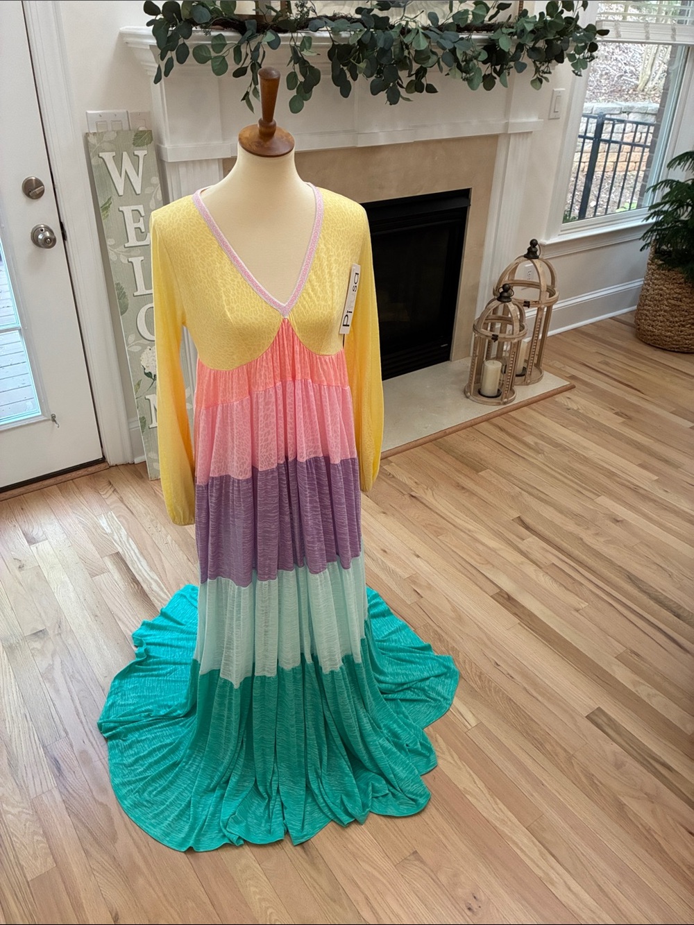 Pitusa Yellow, Pink, Purple & Teal Striped Maxi Dress